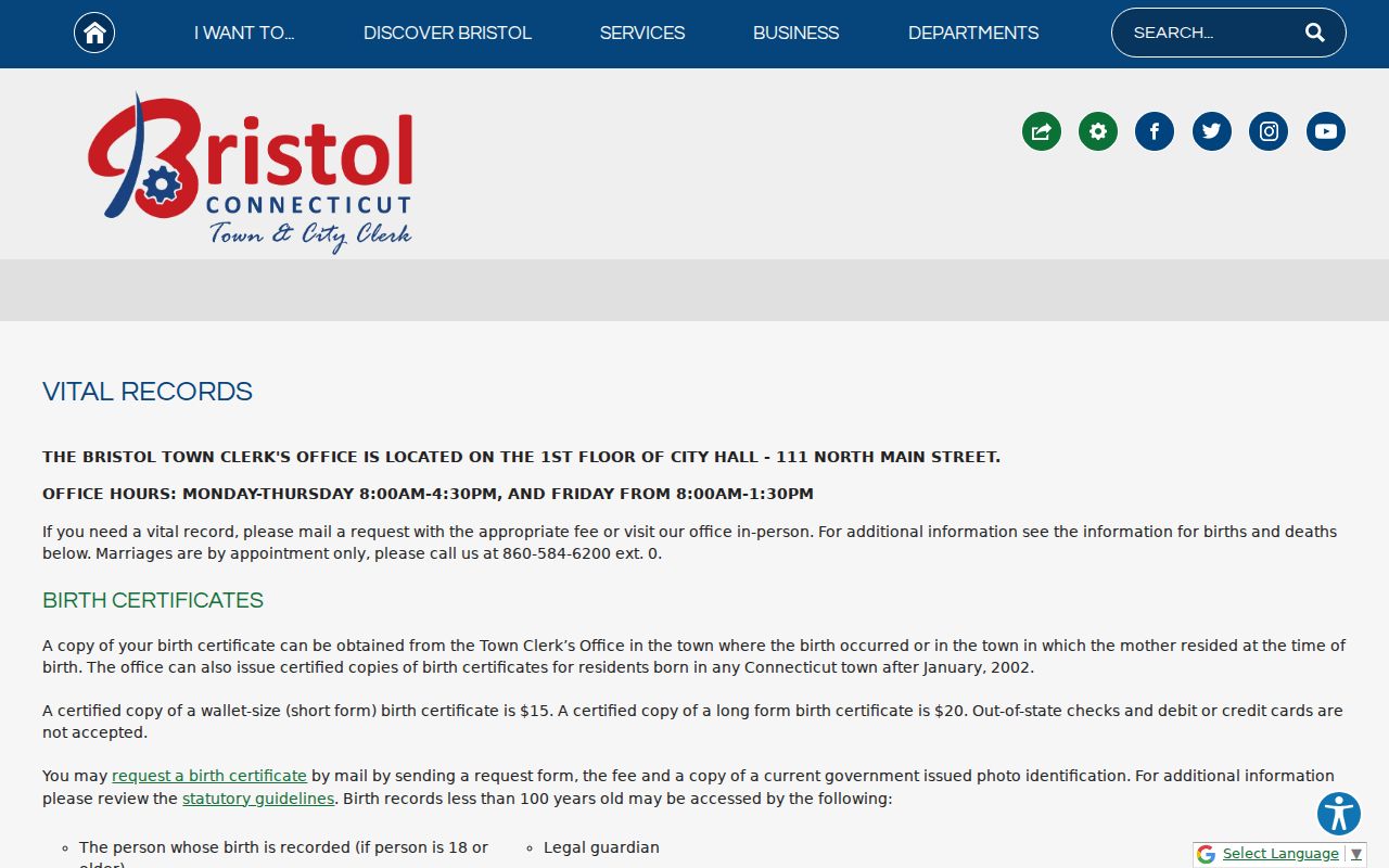 City of Bristol Clerk vital records fee and request page