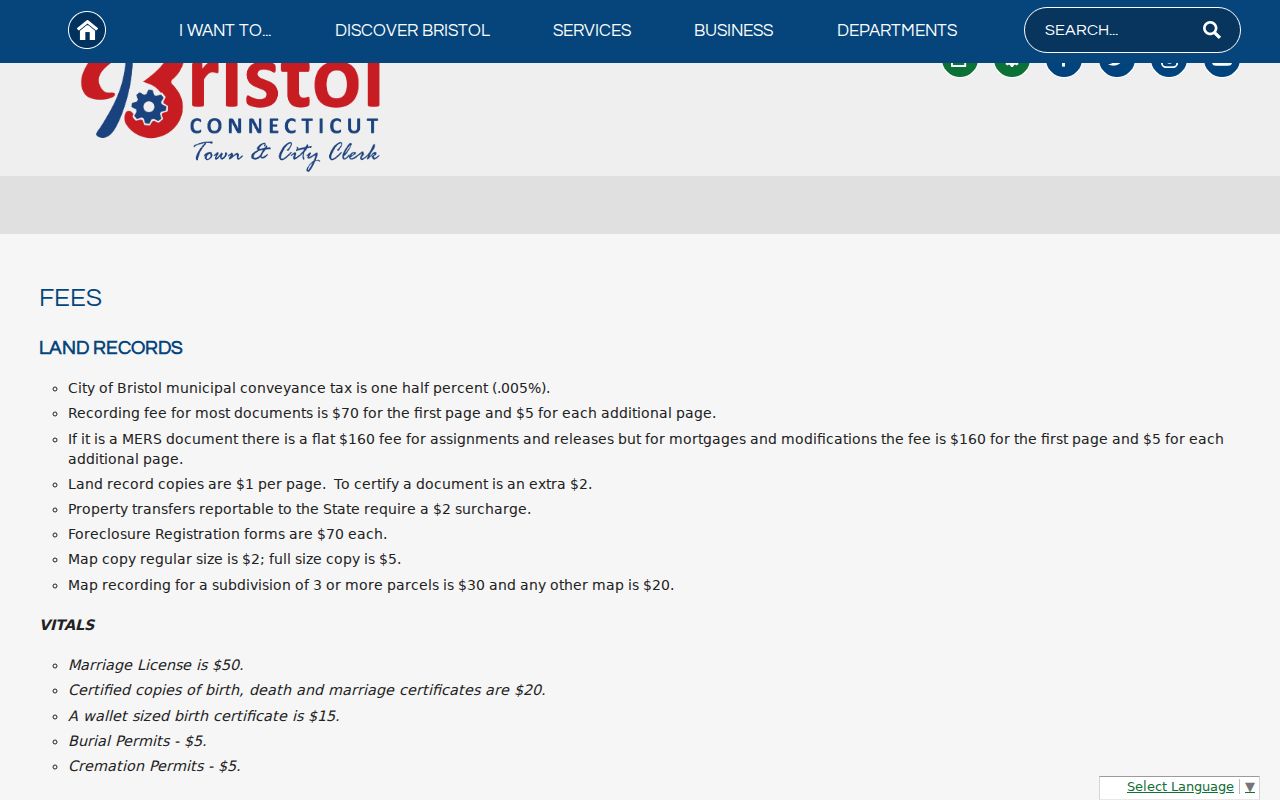 City of Bristol Clerk fees for municipal records
