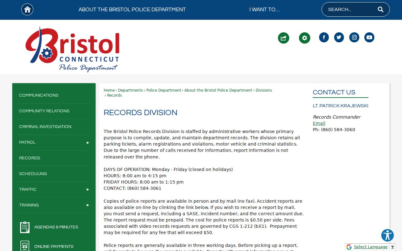 City of Bristol arrest records Police Records Division