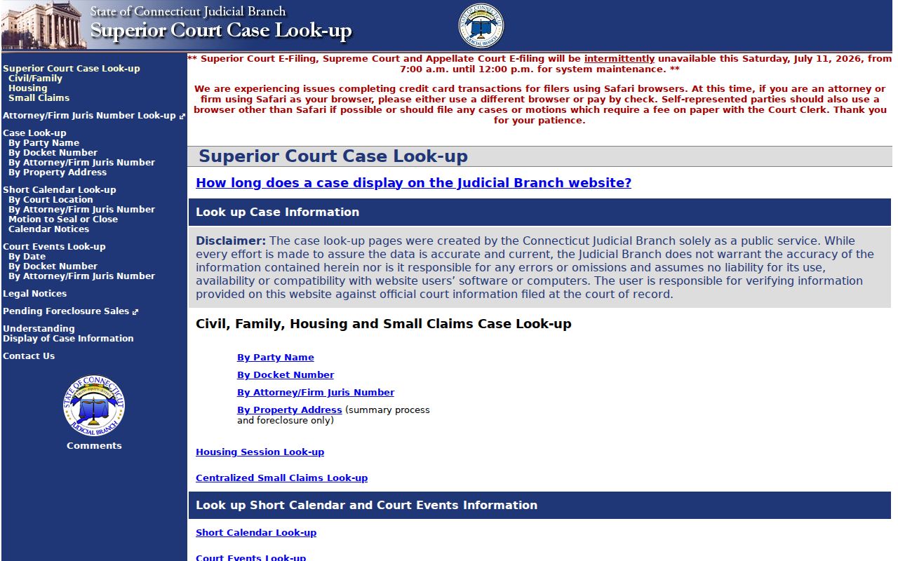City of Bristol court dockets Superior Court civil inquiry lookup