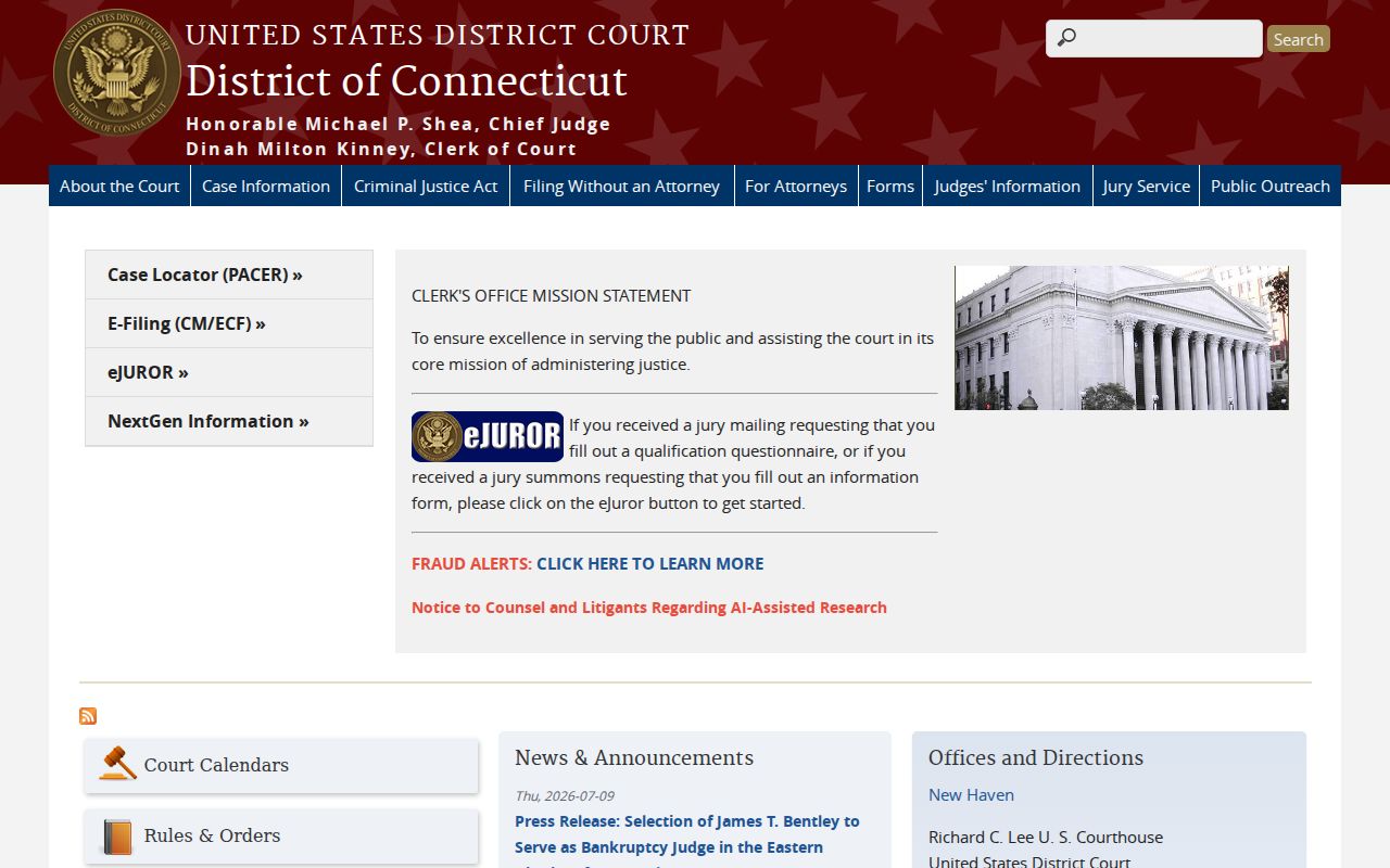 City of Bristol Superior Court records and separate federal court homepage