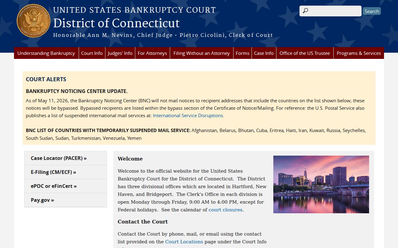 City of Bristol federal bankruptcy court records Connecticut Bankruptcy Court homepage