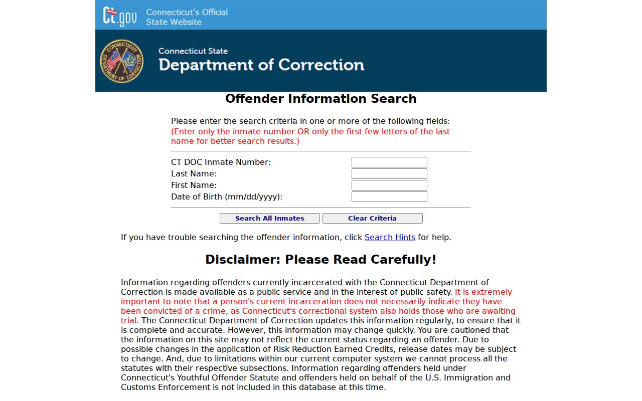 City of Bristol inmate records Connecticut DOC offender information search
