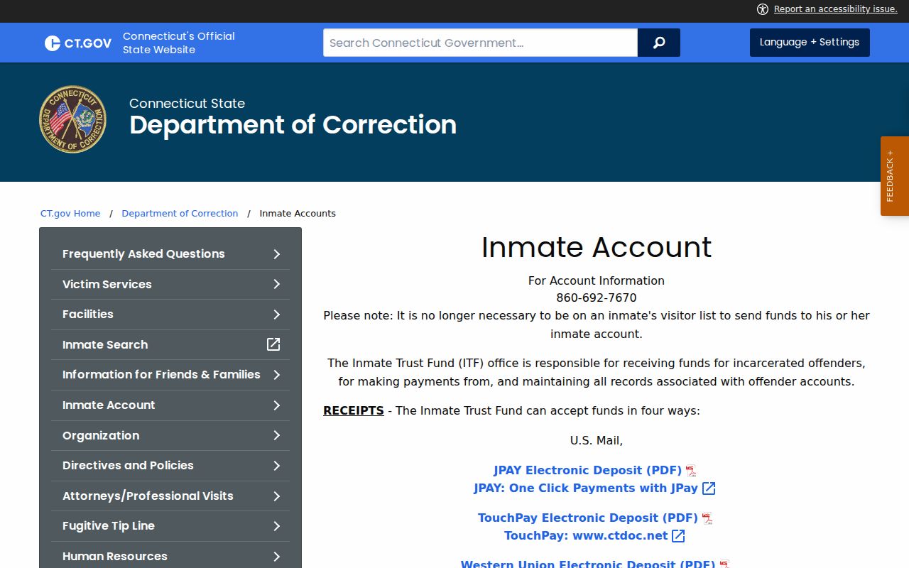 City of Bristol inmate records Connecticut DOC inmate accounts