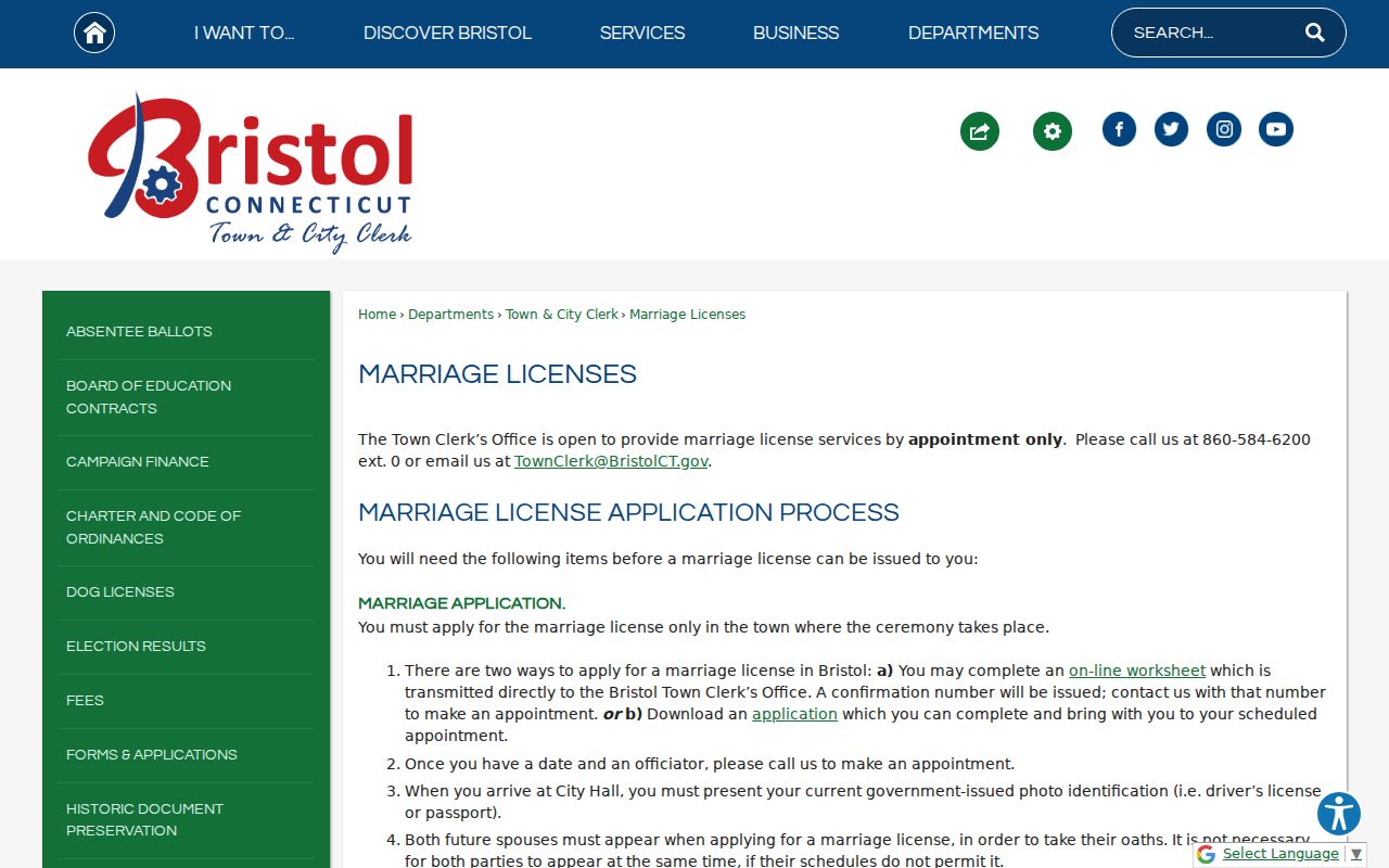 City of Bristol marriage records license application page