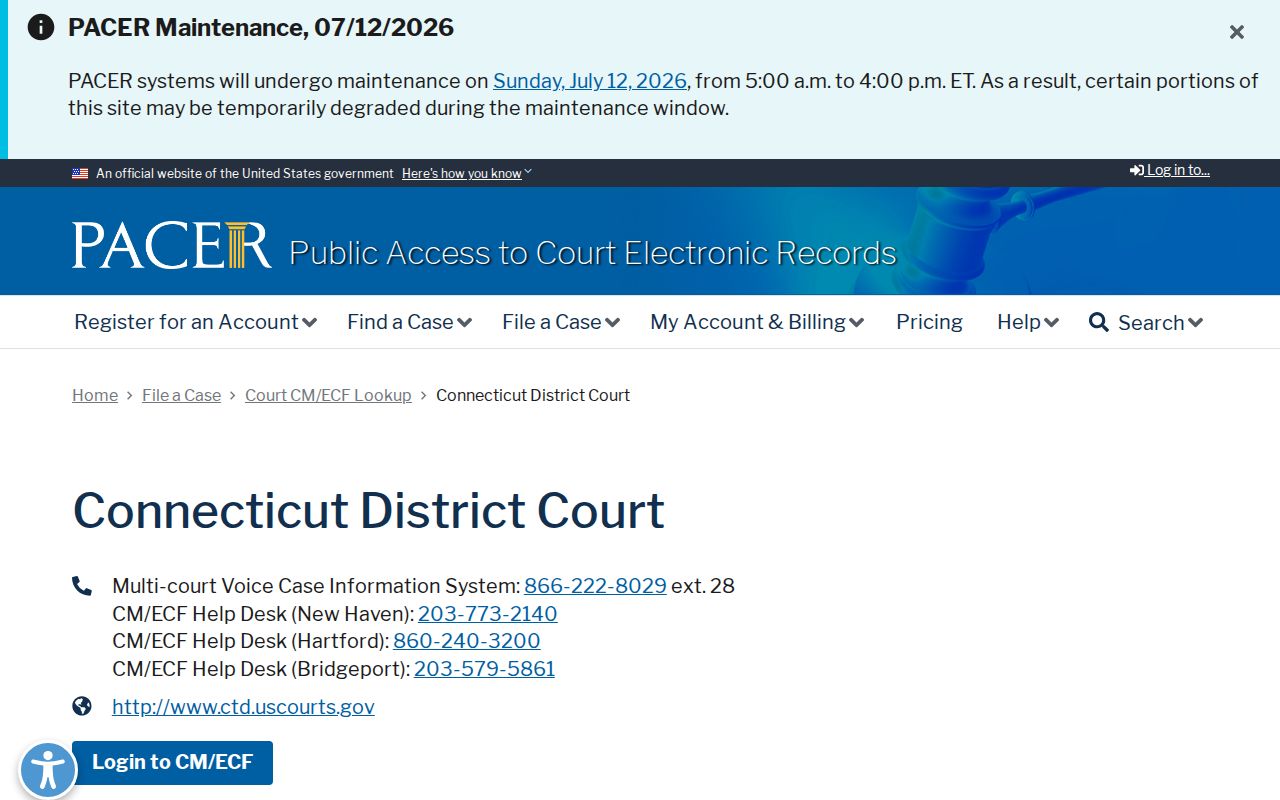 City of Bristol warrant records PACER District of Connecticut lookup
